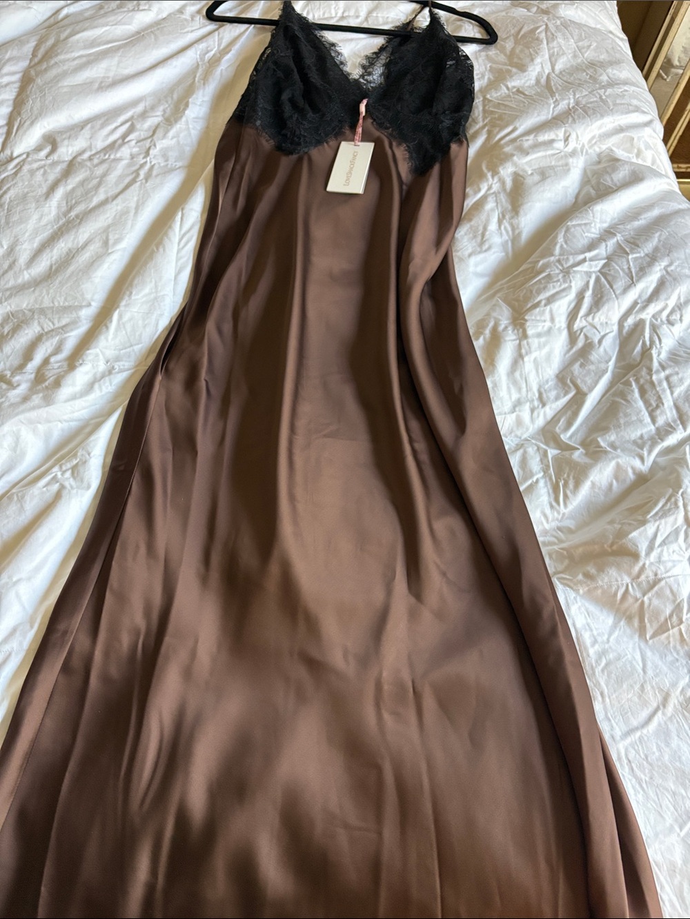 LoveShackFancy Brown Satin Slip with Black Lace Trim